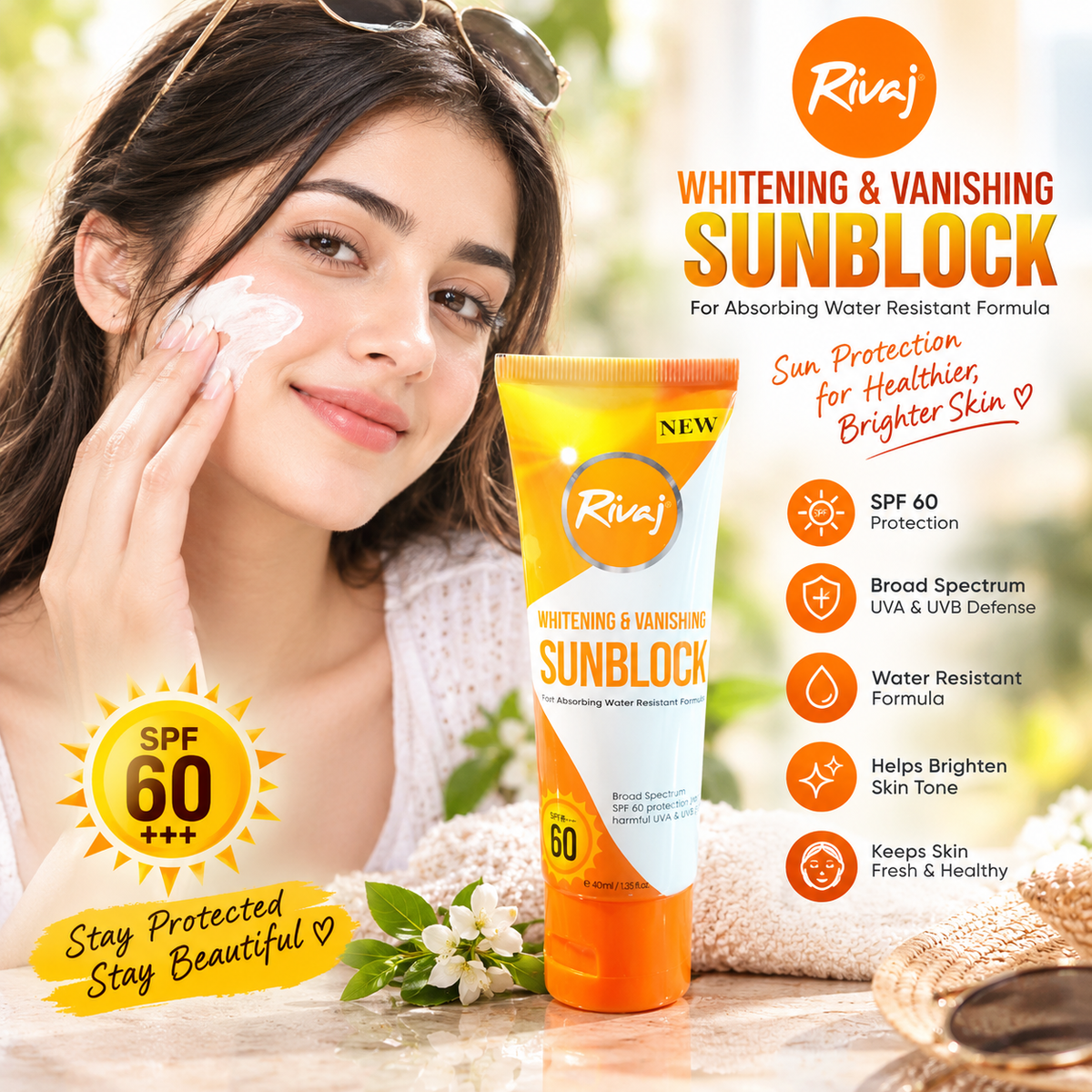 Rivaj Whitening & Vanishing Sunblock SPF 60 – Broad Spectrum UVA & UVB Protection | 40ml
